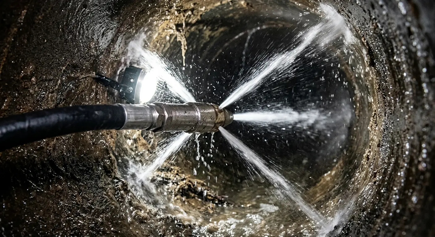 High-pressure hydro jetting nozzle cleaning sewer pipe for Trenchless Sewer Repair in Maurice River