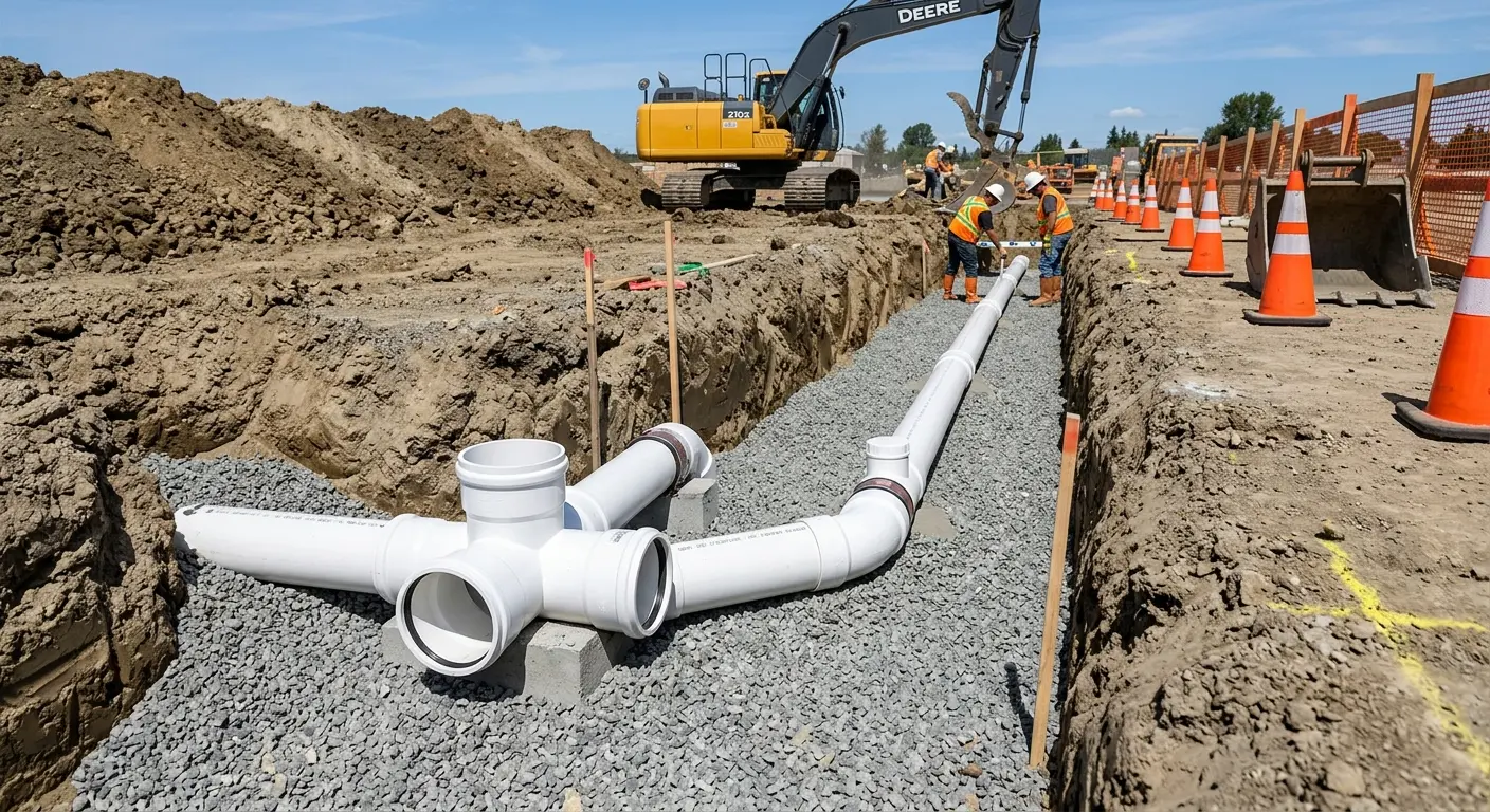 New PVC sewer pipe installation in open trench for Grease Trap Cleaning in Maurice River