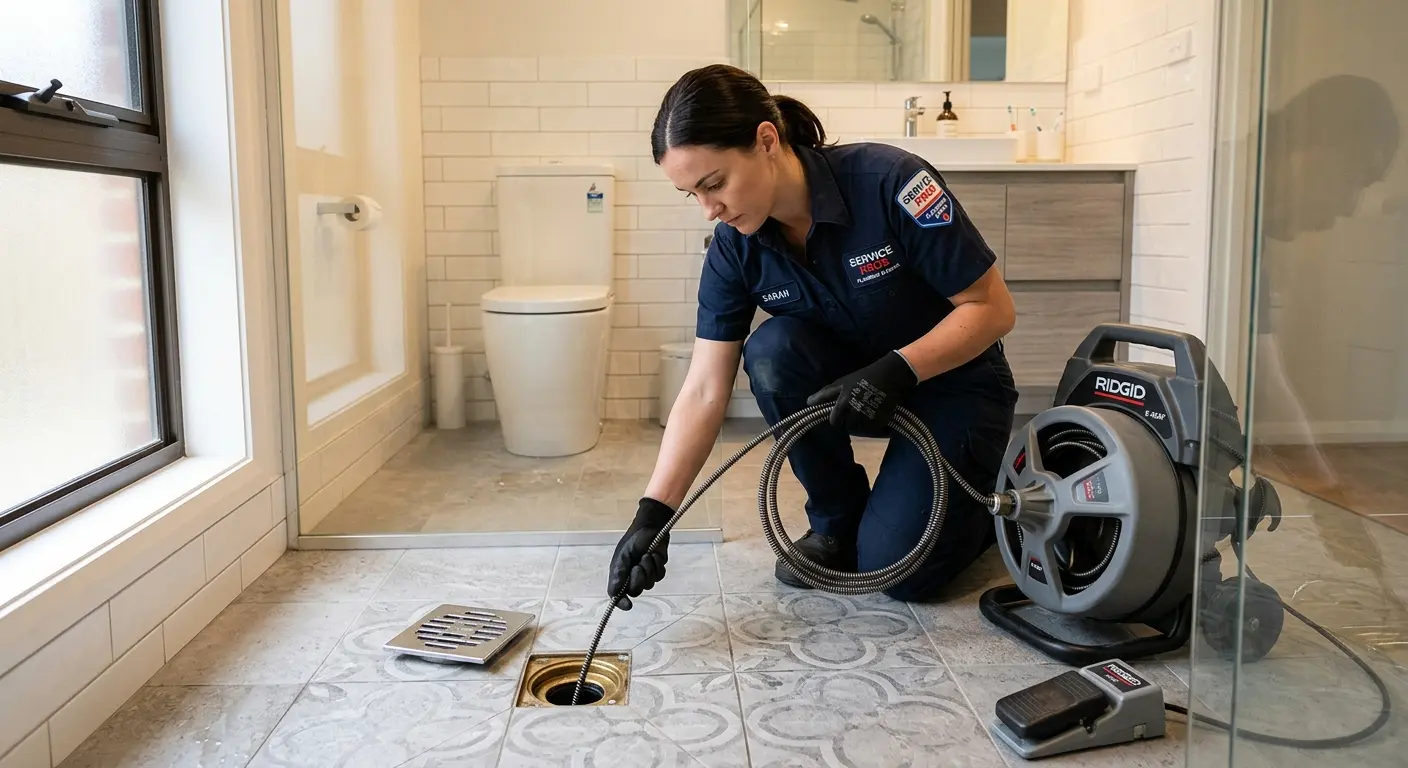 Technician clearing a bathroom floor drain for Sewer Line Replacement in Maurice River